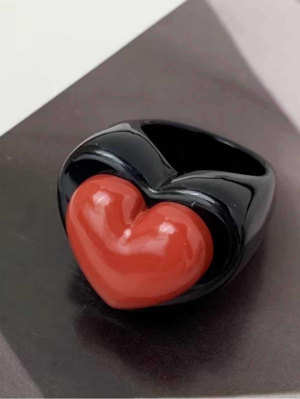 Black Acrylic Red Heart Statement Ring